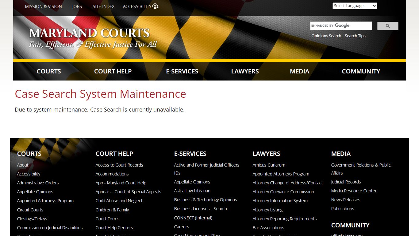 Case Search System Maintenance | Maryland Courts